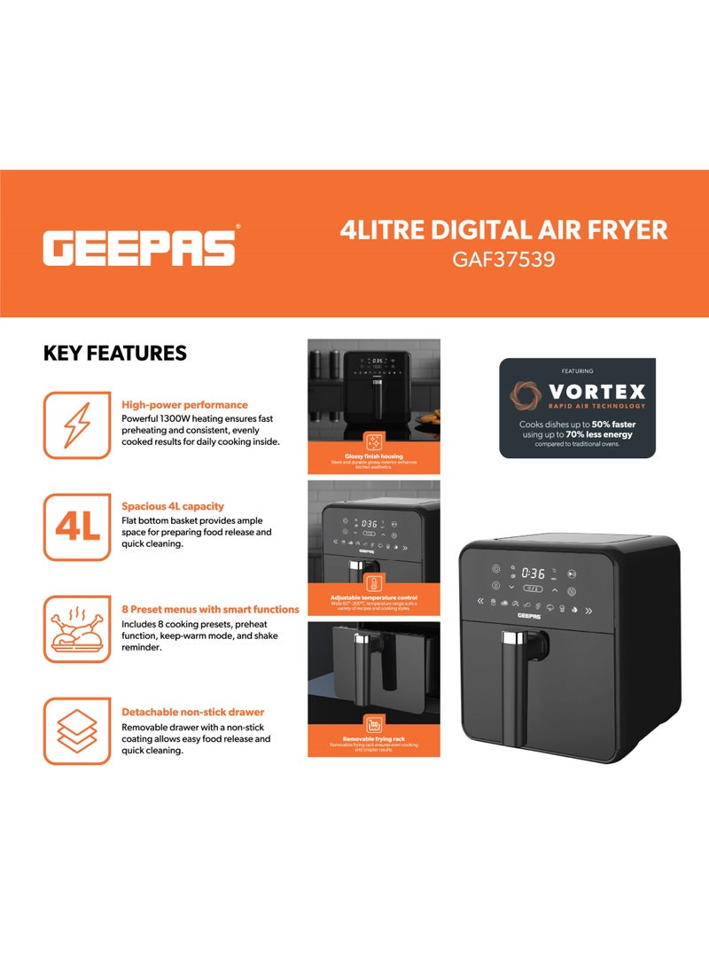GEEPAS 4 L Digital Air Fryer 1300W | Rapid Air Technology, 8 Preset Cooking Modes | Non-Stick Detachable Basket, Adjustable Temperature Control  GAF37539 Black 4 L 1300 W GAF37539 black - Image 2
