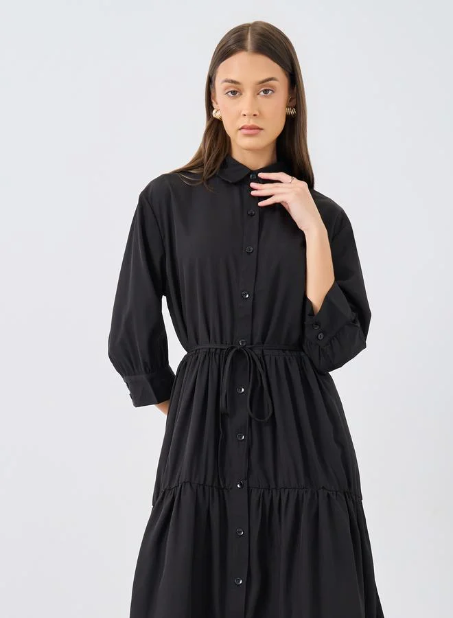 ستايلي Styli Black Button Down Spread Collar Tiered Midi Dress