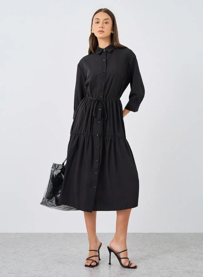 ستايلي Styli Black Button Down Spread Collar Tiered Midi Dress