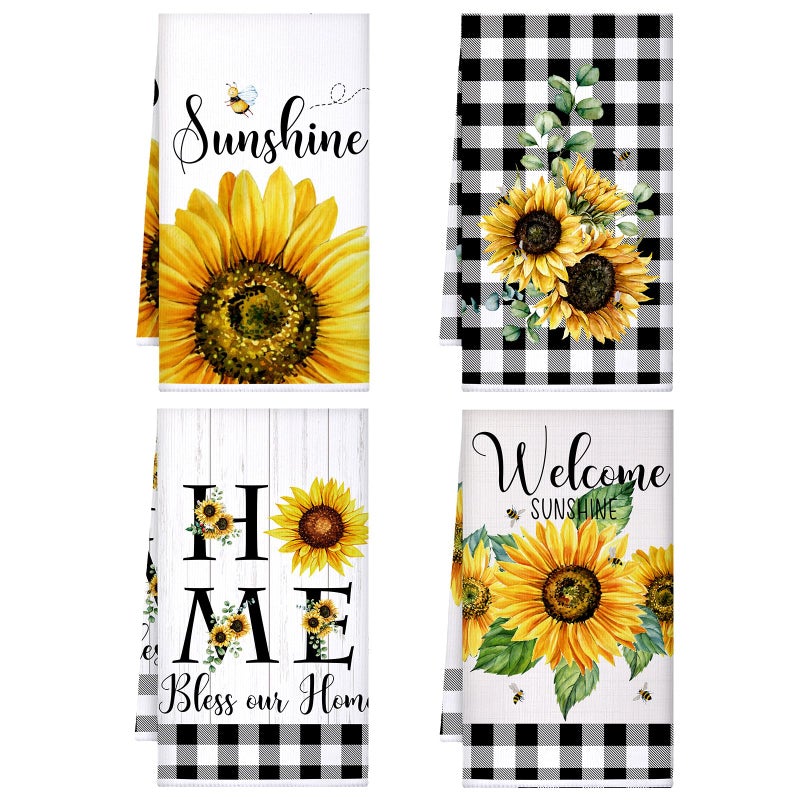 Bencailor 4 Pcs Sunflower Kitchen Towels Spring Summer Flower Floral Sea Beach Lemon Kitchen Hand Dish Towels Fast Drying Decor for CookingYellowSunflower