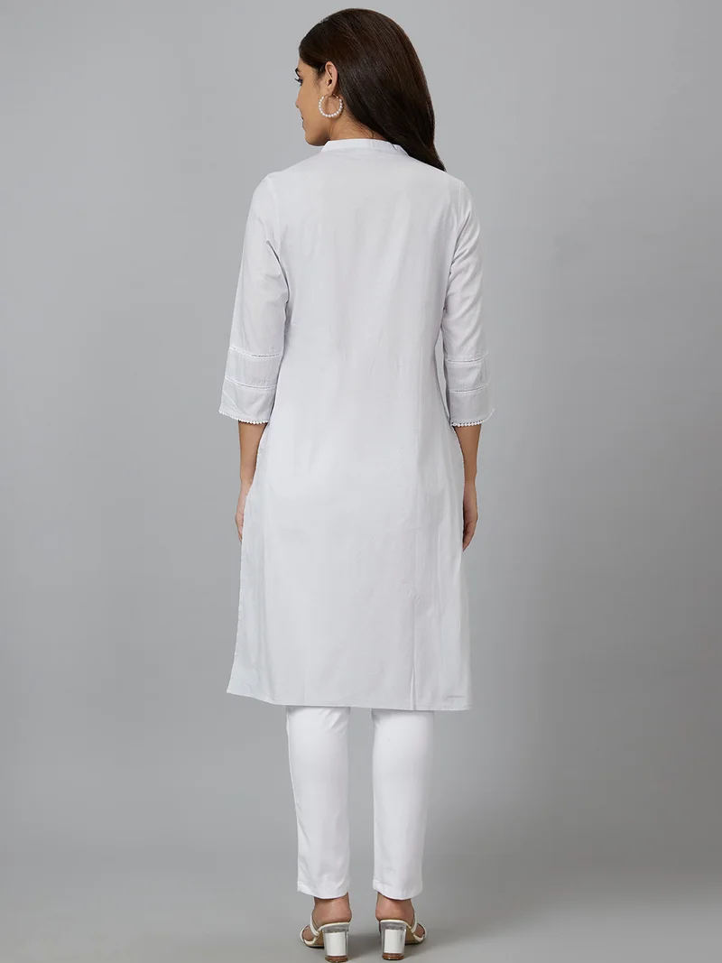 globus Women White Ethnic Motifs Embroidered Mandarin Collar Chikankari Kurta