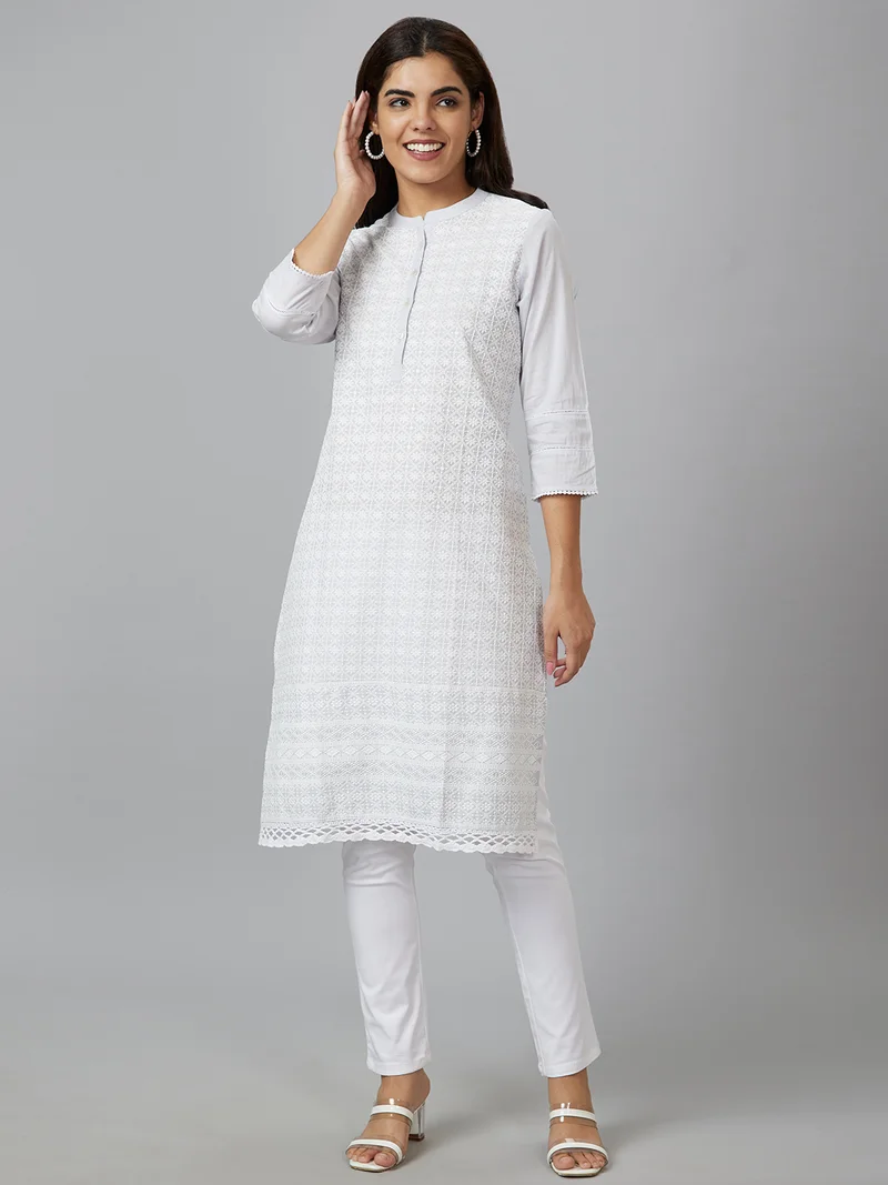 globus Women White Ethnic Motifs Embroidered Mandarin Collar Chikankari Kurta