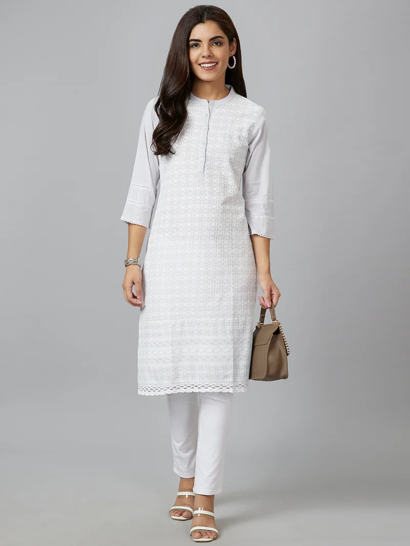 globus Women White Ethnic Motifs Embroidered Mandarin Collar Chikankari Kurta