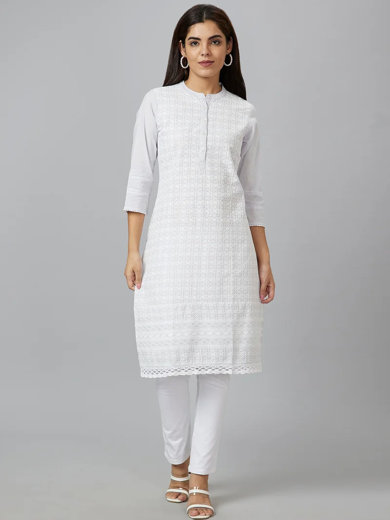 globus Women White Ethnic Motifs Embroidered Mandarin Collar Chikankari Kurta