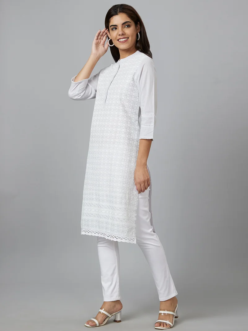 globus Women White Ethnic Motifs Embroidered Mandarin Collar Chikankari Kurta
