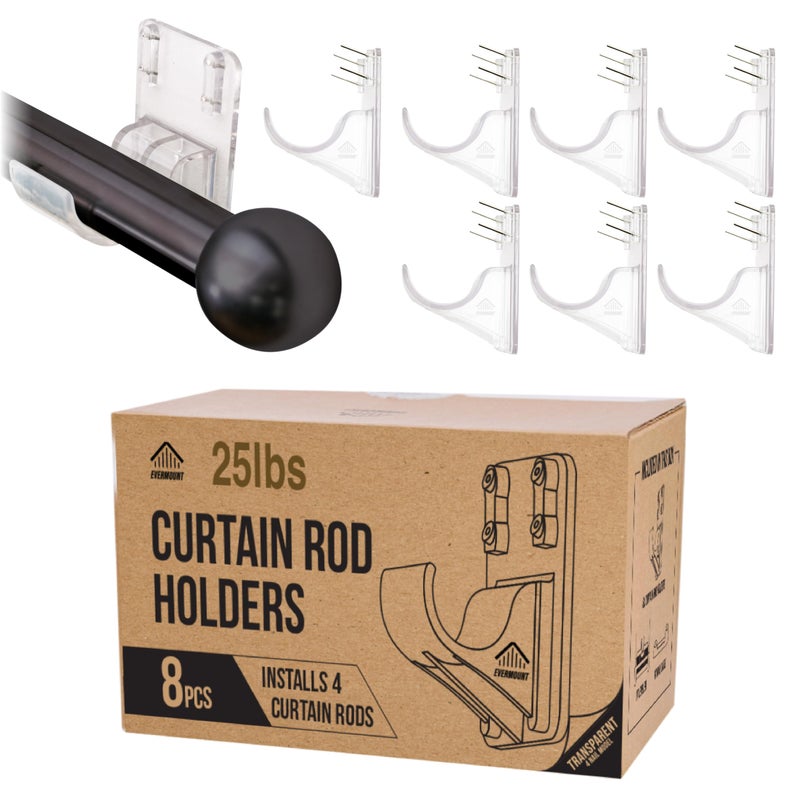 Evermount 8pcs Heavy Duty Curtain Rod Holders with Wide Hook, 5X Stronger Than Adhesive Curtain Rod Hooks, 25 LBS Tension Curtain Rod Bracket for Wall with Level and Pin Guide, Minimal Damage Curtain Wall Mount - Image 1