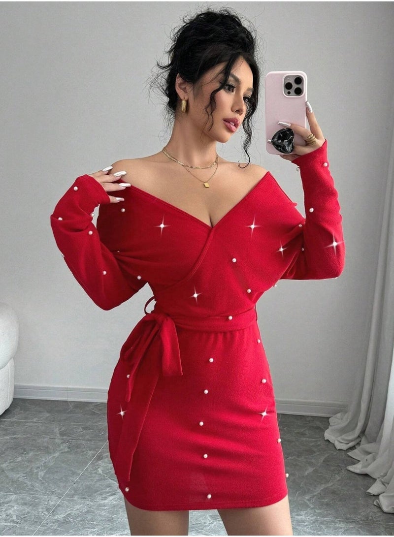 SHEIN 1pc Red Beaded Overlap Shoulder Sleeve Short Dress For Autumn For New Year Clothes - Image 4
