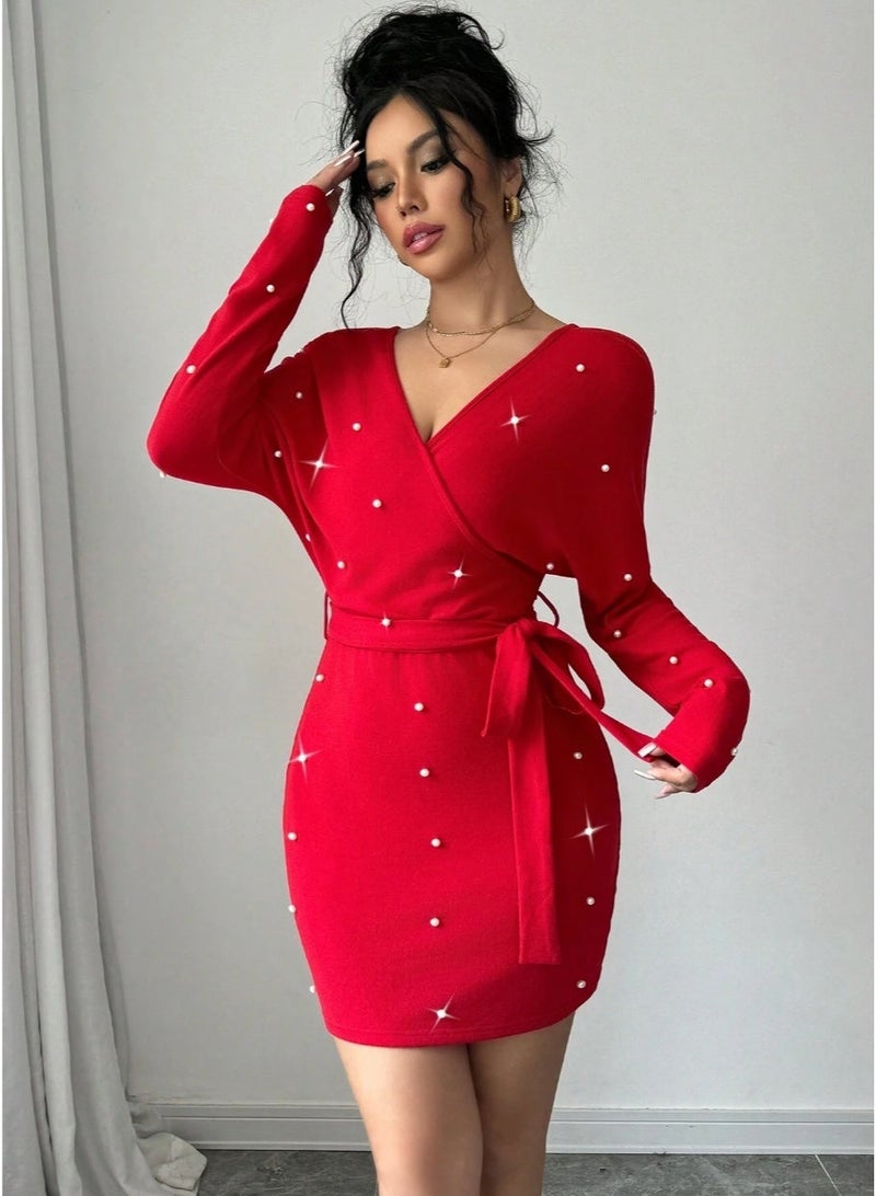 SHEIN 1pc Red Beaded Overlap Shoulder Sleeve Short Dress For Autumn For New Year Clothes - Image 5