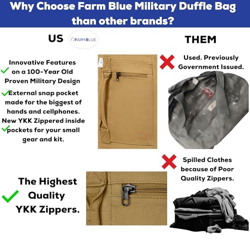 Farm Blue 2 Strap Top Load Extra Large XL Military Duffel Bags - Heavy Duty Army Grade Cotton Canvas Duffle Bags For Men, Women & Students - XL Top Loading Tactical Gear Sack –22" x 38" Coyote Tan - Image 5