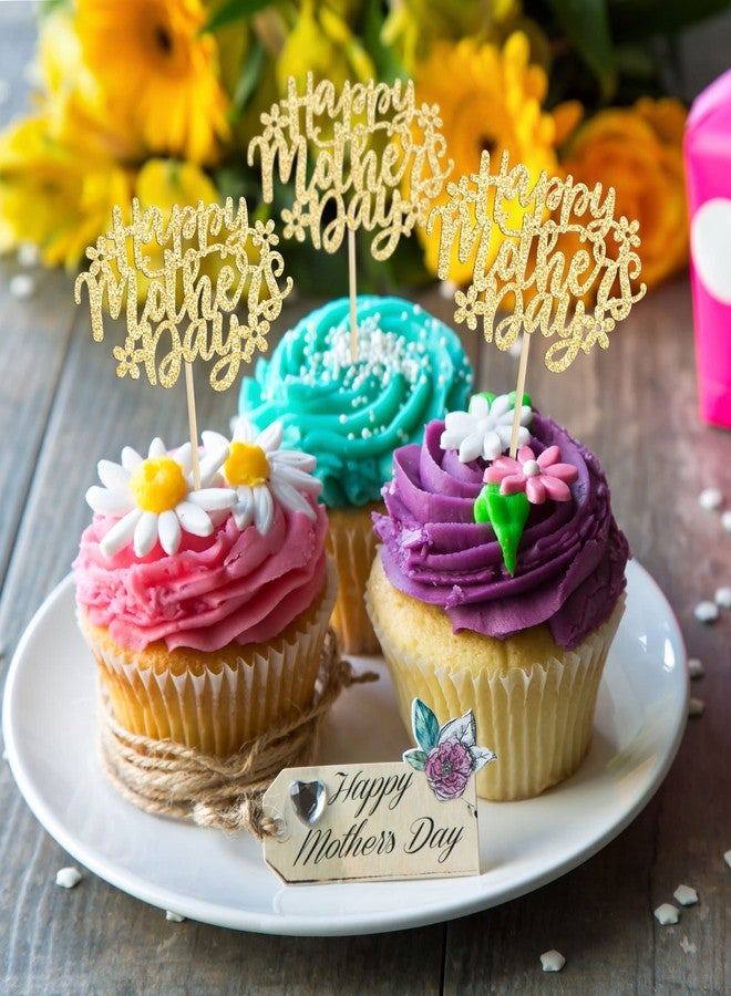 Ephlyn 24Pcs Happy Mother's Day Cupcake Topper Happy Mother's Day Cupcake Picks Glitter Flower Best Mom Party Cake Decorations Cupcake Toppers Picks for Mother's Birthday Party Supplies Gold - Image 5