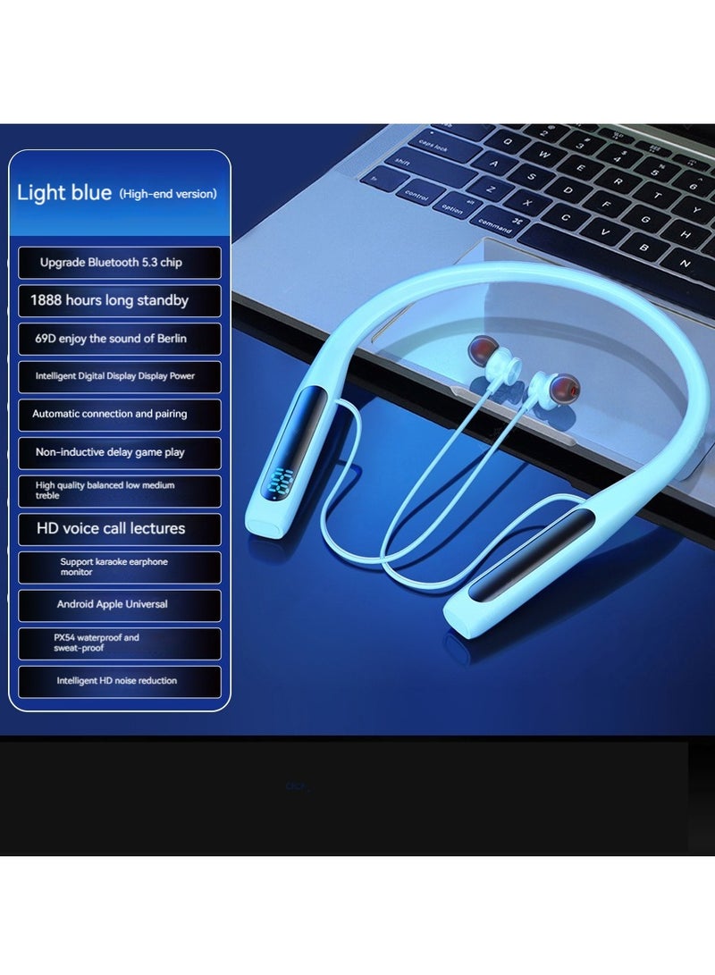 New large-capacity digital display neck-worn wireless Bluetooth headset, noise-reducing, no-delay sports headset with in-ear karaoke function (blue) - Image 1