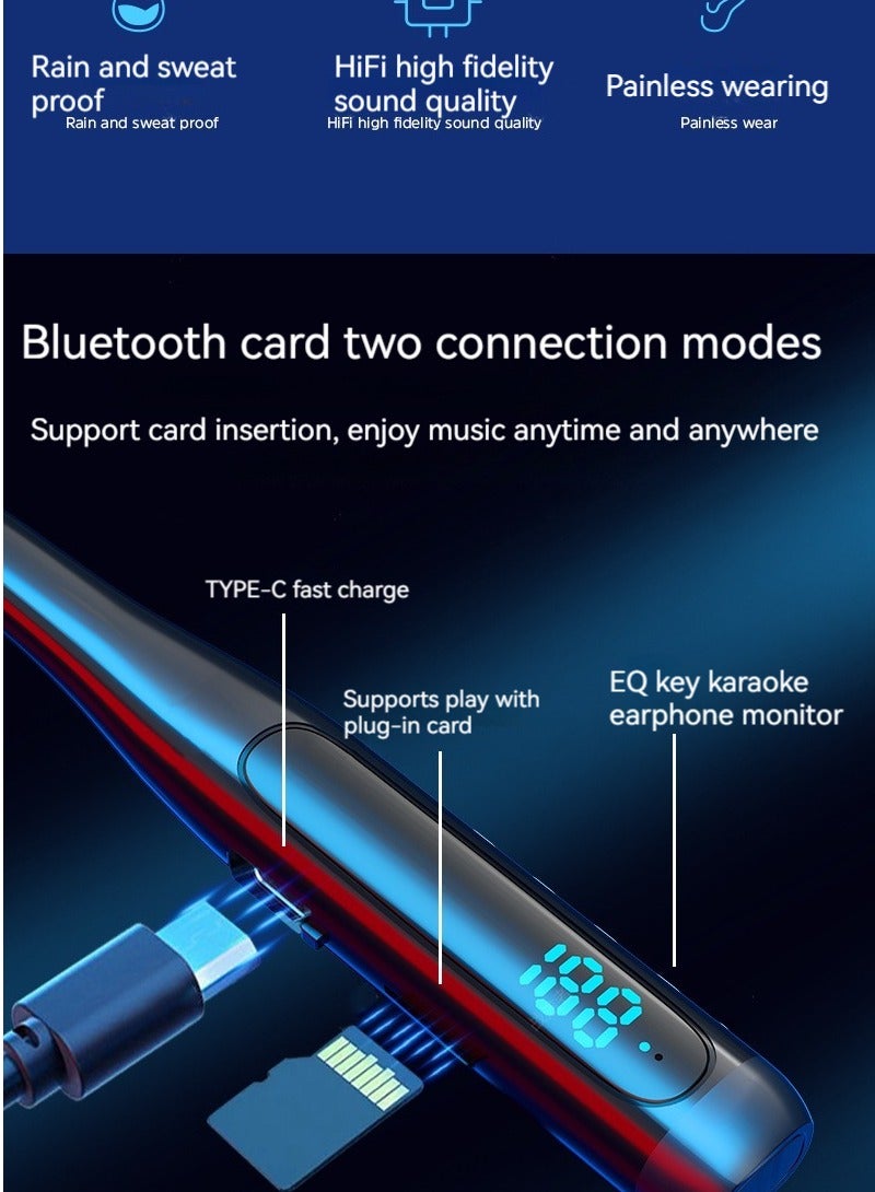 New large-capacity digital display neck-worn wireless Bluetooth headset, noise-reducing, no-delay sports headset with in-ear karaoke function (blue) - Image 4