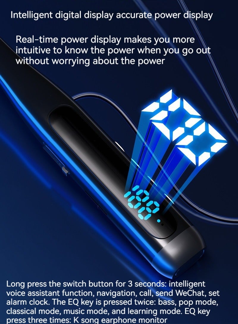 New large-capacity digital display neck-worn wireless Bluetooth headset, noise-reducing, no-delay sports headset with in-ear karaoke function (blue) - Image 2