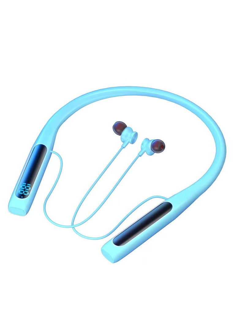 New large-capacity digital display neck-worn wireless Bluetooth headset, noise-reducing, no-delay sports headset with in-ear karaoke function (blue) - Image 3
