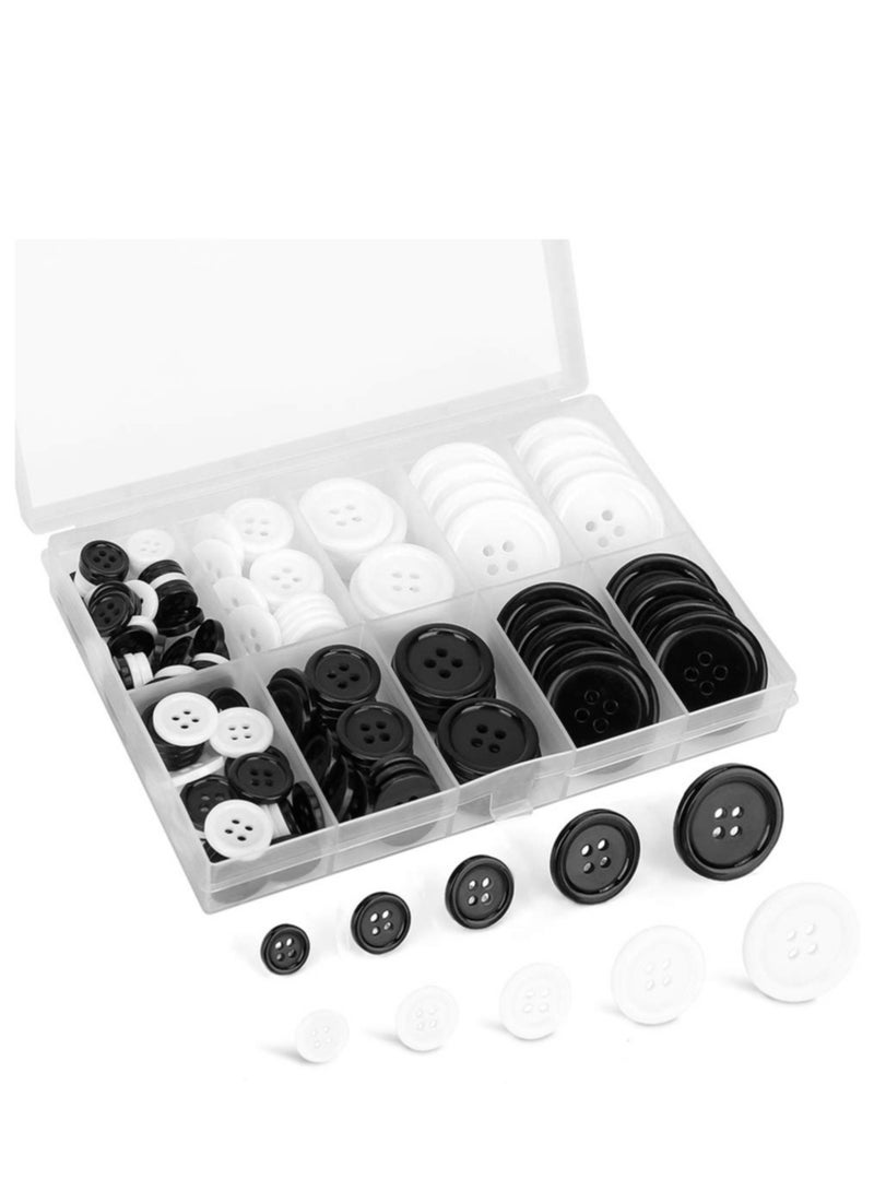 KASTWAVE Mixed Sewing Buttons 160Pcs Round Black 4-Hole Craft Buttons 5 Sizes White Resin Button with Separate Compartment Storage Box Suitable for Sewing DIY Craft Projects - Image 1