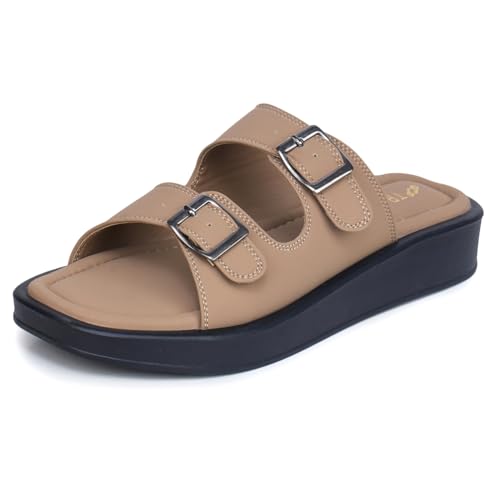 TRASE Zenstrides Women’s Fancy Flat Slippers – Casual Sliders With Adjustable Ankle Strap, Comfortable & Lightweight Footwear (Beige, 7 UK) - Image 1