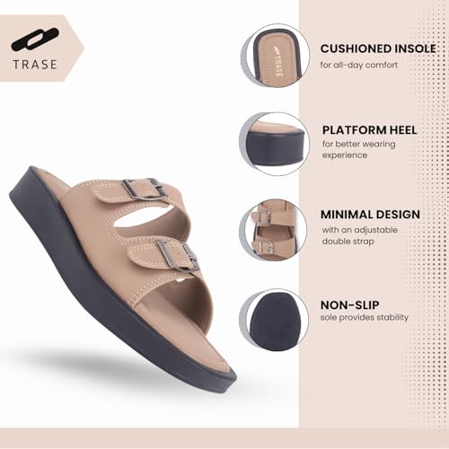 TRASE Zenstrides Women’s Fancy Flat Slippers – Casual Sliders With Adjustable Ankle Strap, Comfortable & Lightweight Footwear (Beige, 7 UK) - Image 2