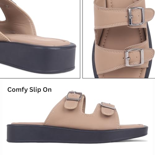 TRASE Zenstrides Women’s Fancy Flat Slippers – Casual Sliders With Adjustable Ankle Strap, Comfortable & Lightweight Footwear (Beige, 7 UK) - Image 4