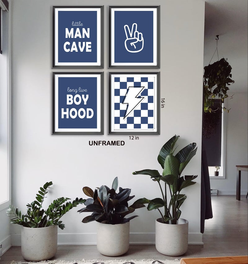 AEHIE Little Man Cave Retro Preppy Checkered Lightning Peace Sign Long Live Boyhood Poster Prints for Boy Teen Room Decor Preppy Decorations Prints Wall Art Unframed 4pcs 12x16inches Teen Boys Gifts(blue) - Image 3