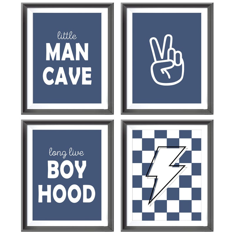 AEHIE Little Man Cave Retro Preppy Checkered Lightning Peace Sign Long Live Boyhood Poster Prints for Boy Teen Room Decor Preppy Decorations Prints Wall Art Unframed 4pcs 12x16inches Teen Boys Gifts(blue) - Image 1