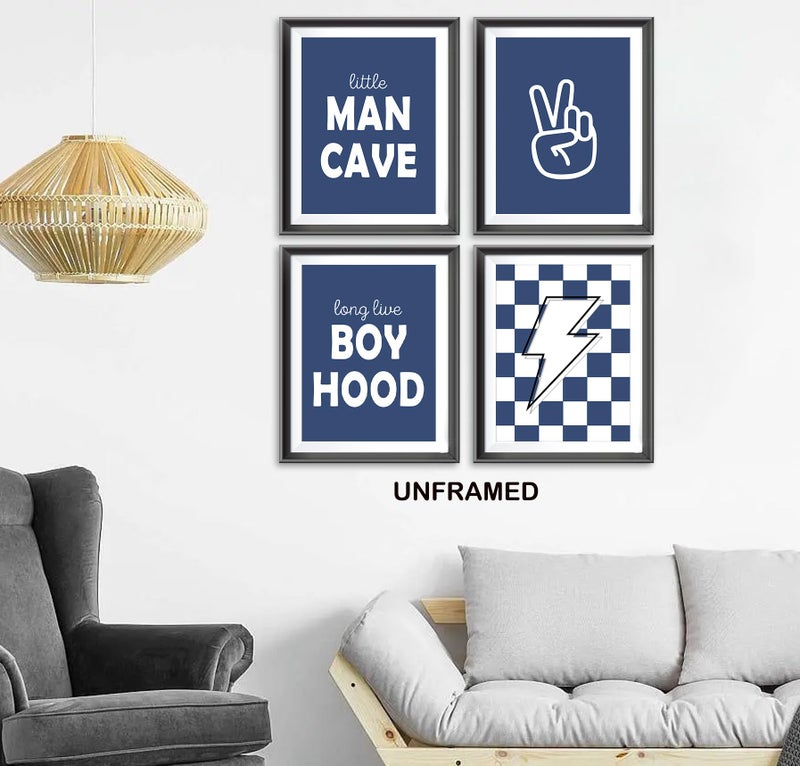 AEHIE Little Man Cave Retro Preppy Checkered Lightning Peace Sign Long Live Boyhood Poster Prints for Boy Teen Room Decor Preppy Decorations Prints Wall Art Unframed 4pcs 12x16inches Teen Boys Gifts(blue) - Image 2