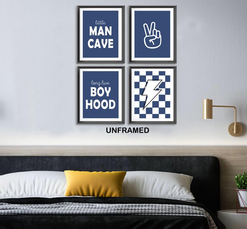 AEHIE Little Man Cave Retro Preppy Checkered Lightning Peace Sign Long Live Boyhood Poster Prints for Boy Teen Room Decor Preppy Decorations Prints Wall Art Unframed 4pcs 12x16inches Teen Boys Gifts(blue) - Image 4