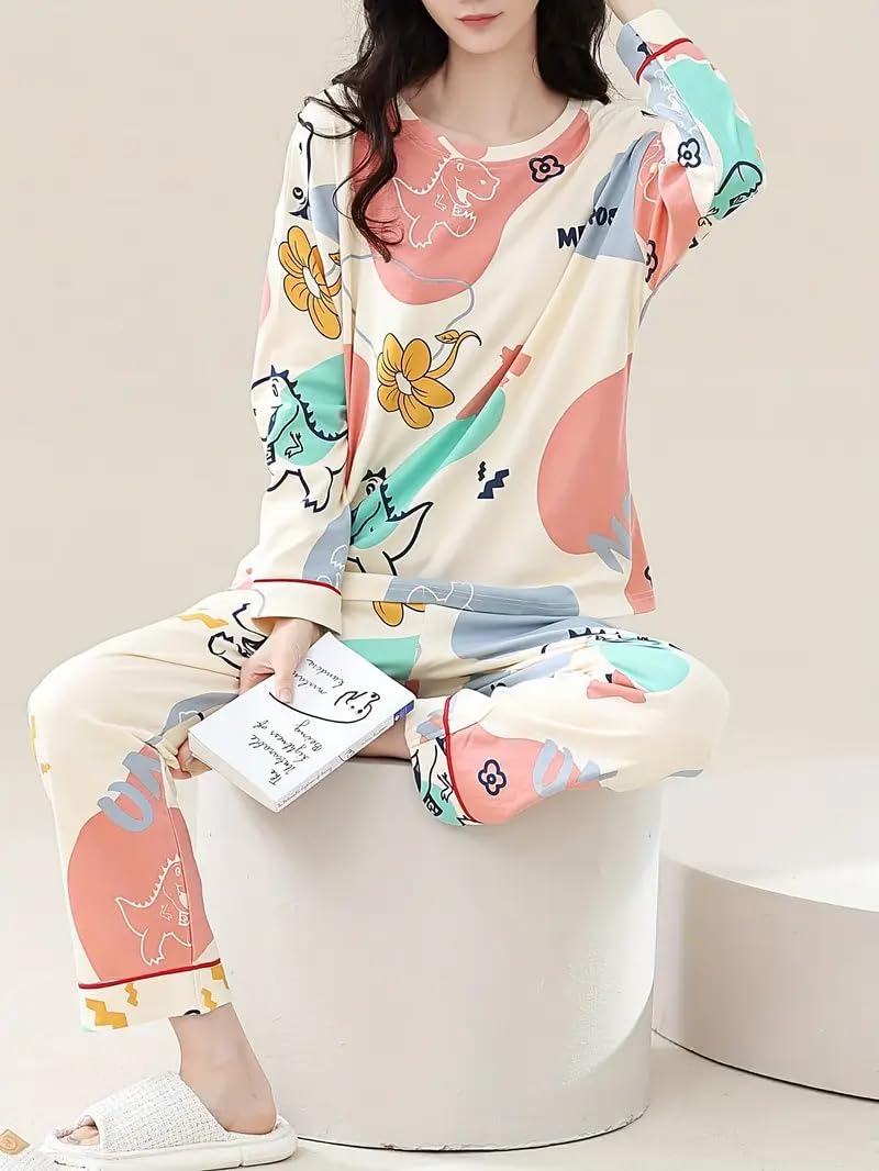 Celary Korean Style Women’s Night Suit - Cute Printed Pajama Set with Long Sleeve Top & Pants - Image 2