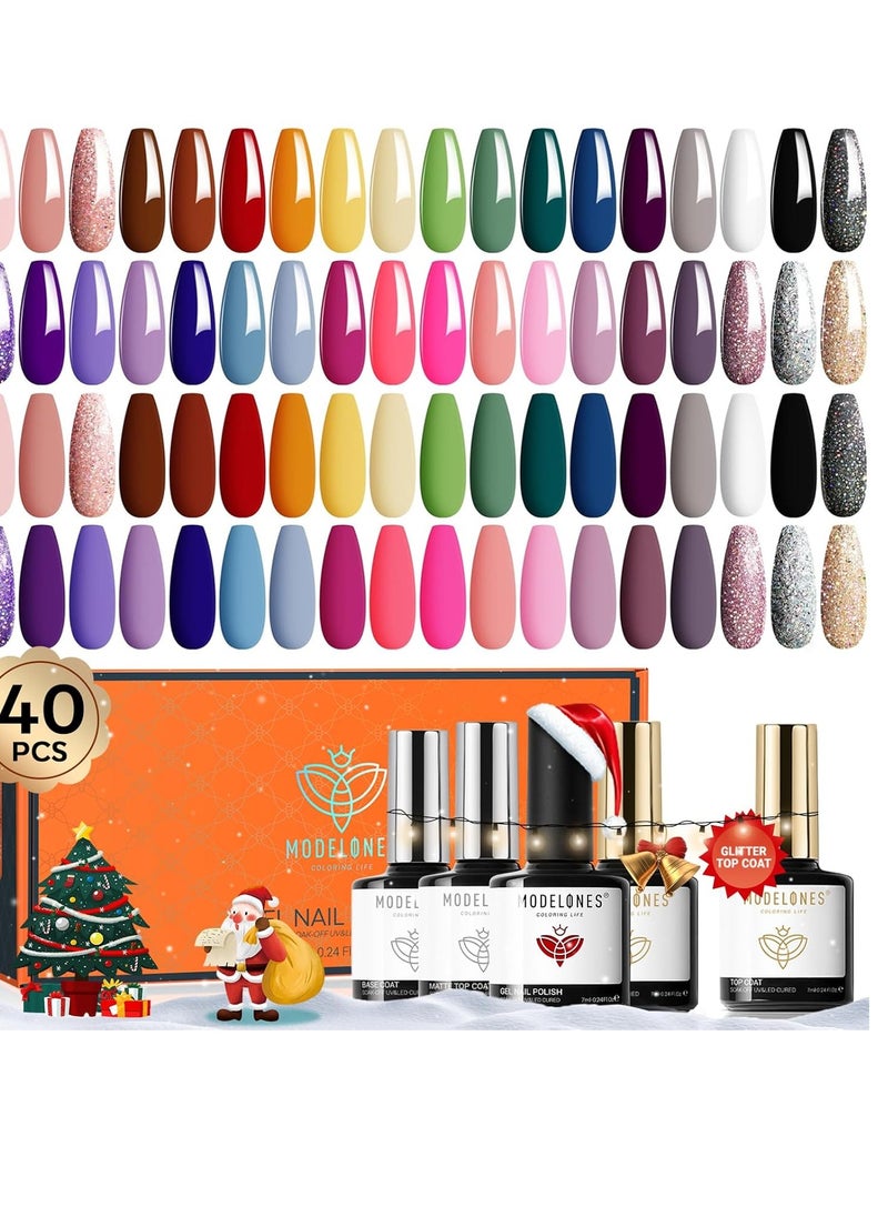 modelones - modelones 40 PCS Gel Nail Polish Set, 36 Colors Fall Winter White Nude Brown Black Gel Polish Kit Red Green Glitter Nail Gel Polish W Base& Matte Glossy Top Coat& LED Nail Art Gel DIY Gift - Image 1