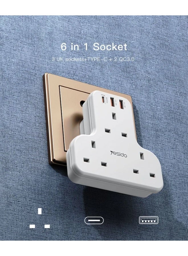 Yesido MC15 Power Extension with 4 UK Outlets, Smart AC Multi-Socket Splitter Hub, USB PD & QC Fast Charging, Up to 3250W Output, White - Image 5