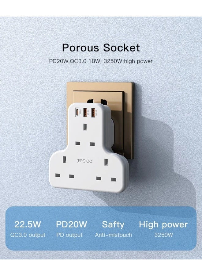 Yesido MC15 Power Extension with 4 UK Outlets, Smart AC Multi-Socket Splitter Hub, USB PD & QC Fast Charging, Up to 3250W Output, White - Image 3