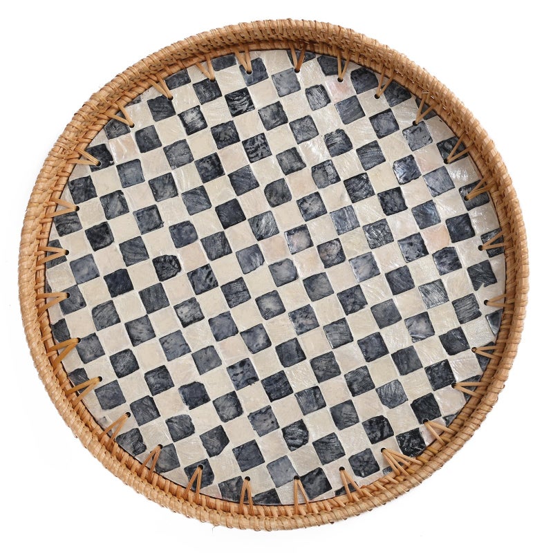 Tynulox Round Rattan Tray with Mother of Pearl Inlay, Rattan Serving Tray for Coffee, Bread, Fruits, Decorative Wicker Tray for Table Decor, Home Decor, Kitchen Island Decor(Black Checkerboard, 11.8") - Image 1