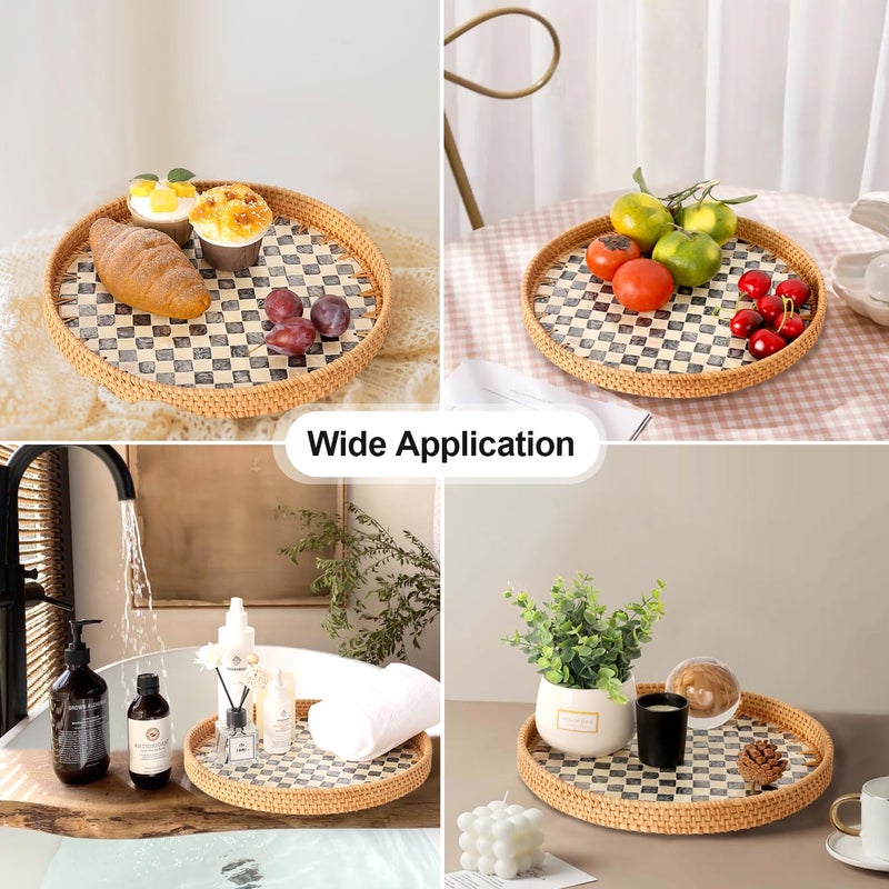 Tynulox Round Rattan Tray with Mother of Pearl Inlay, Rattan Serving Tray for Coffee, Bread, Fruits, Decorative Wicker Tray for Table Decor, Home Decor, Kitchen Island Decor(Black Checkerboard, 11.8") - Image 2