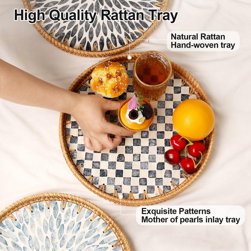 Tynulox Round Rattan Tray with Mother of Pearl Inlay, Rattan Serving Tray for Coffee, Bread, Fruits, Decorative Wicker Tray for Table Decor, Home Decor, Kitchen Island Decor(Black Checkerboard, 11.8") - Image 5
