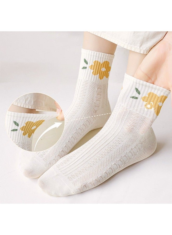 5 أزواج / مجموعة من الجوارب المتوسطة الطول، جوارب مزخرفة بأزهار للجنسين، جوارب قطنية خفيفة الوزن وقابلة للتنفس مناسبة لفصول الربيع والصيف والخريف - Image 4