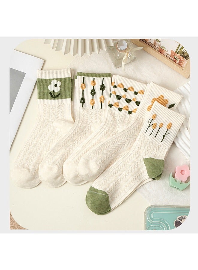 5 أزواج / مجموعة من الجوارب المتوسطة الطول، جوارب مزخرفة بأزهار للجنسين، جوارب قطنية خفيفة الوزن وقابلة للتنفس مناسبة لفصول الربيع والصيف والخريف - Image 3