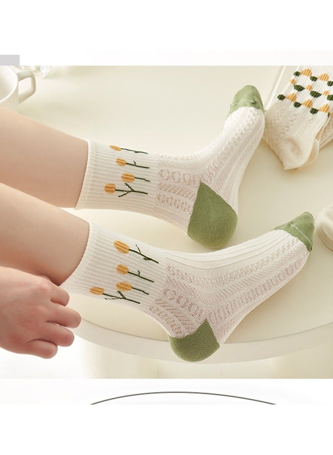5 أزواج / مجموعة من الجوارب المتوسطة الطول، جوارب مزخرفة بأزهار للجنسين، جوارب قطنية خفيفة الوزن وقابلة للتنفس مناسبة لفصول الربيع والصيف والخريف - Image 5