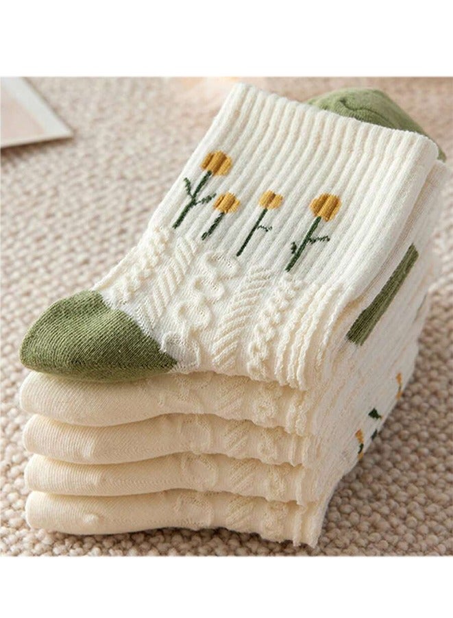 5 أزواج / مجموعة من الجوارب المتوسطة الطول، جوارب مزخرفة بأزهار للجنسين، جوارب قطنية خفيفة الوزن وقابلة للتنفس مناسبة لفصول الربيع والصيف والخريف - Image 2