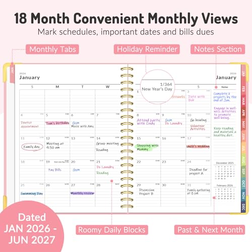 Forvencer Planner 2026-2027, 18 Month Weekly and Monthly Calendar Planner, Jan 2026 -June 2027, 8.5" x 11", Daily Agenda Book with Tabs, College Organizer Notebook, School Supplies for Student Teacher Classroom, A4, Pink - Image 3