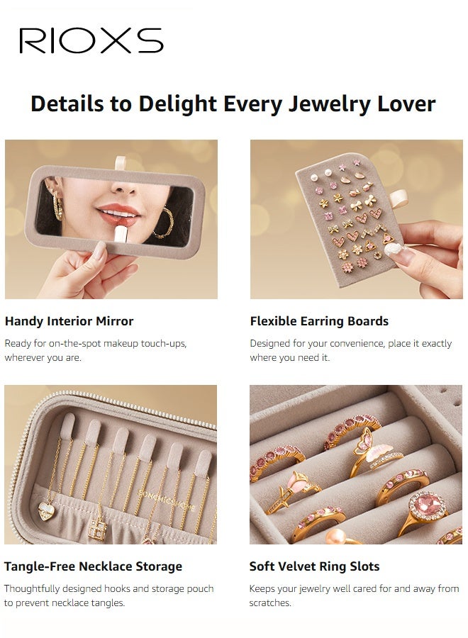 ريوكس حقيبة مجوهرات للسفر، منظم مجوهرات صغير خفيف الوزن ومحمول مع مرآة، 22*12*7.2 سم، صندوق مجوهرات صغير مقاوم للماء من جلد البولي يوريثان مع سحاب مزدوج للإغلاق، حقيبة منظم مجوهرات أنيقة للخواتم والأقراط والقلائد والأساور، أبيض - Image 3