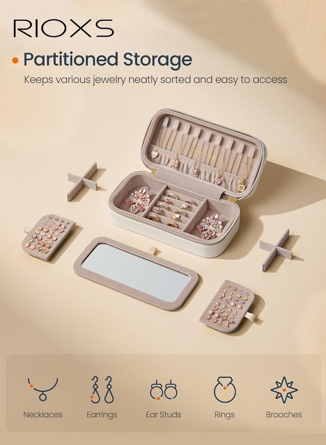 ريوكس حقيبة مجوهرات للسفر، منظم مجوهرات صغير خفيف الوزن ومحمول مع مرآة، 22*12*7.2 سم، صندوق مجوهرات صغير مقاوم للماء من جلد البولي يوريثان مع سحاب مزدوج للإغلاق، حقيبة منظم مجوهرات أنيقة للخواتم والأقراط والقلائد والأساور، أبيض - Image 2
