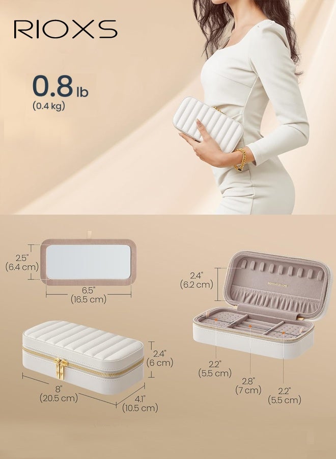 ريوكس حقيبة مجوهرات للسفر، منظم مجوهرات صغير خفيف الوزن ومحمول مع مرآة، 22*12*7.2 سم، صندوق مجوهرات صغير مقاوم للماء من جلد البولي يوريثان مع سحاب مزدوج للإغلاق، حقيبة منظم مجوهرات أنيقة للخواتم والأقراط والقلائد والأساور، أبيض - Image 5