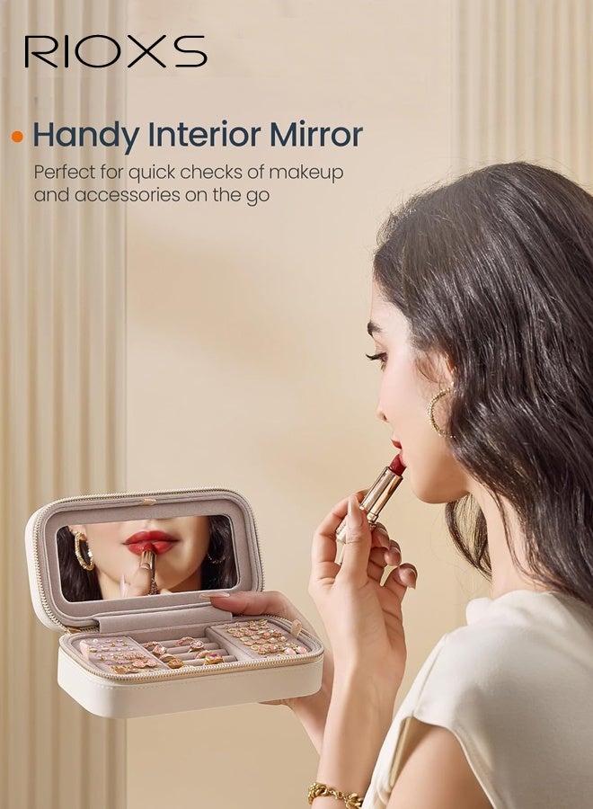 ريوكس حقيبة مجوهرات للسفر، منظم مجوهرات صغير خفيف الوزن ومحمول مع مرآة، 22*12*7.2 سم، صندوق مجوهرات صغير مقاوم للماء من جلد البولي يوريثان مع سحاب مزدوج للإغلاق، حقيبة منظم مجوهرات أنيقة للخواتم والأقراط والقلائد والأساور، أبيض - Image 4