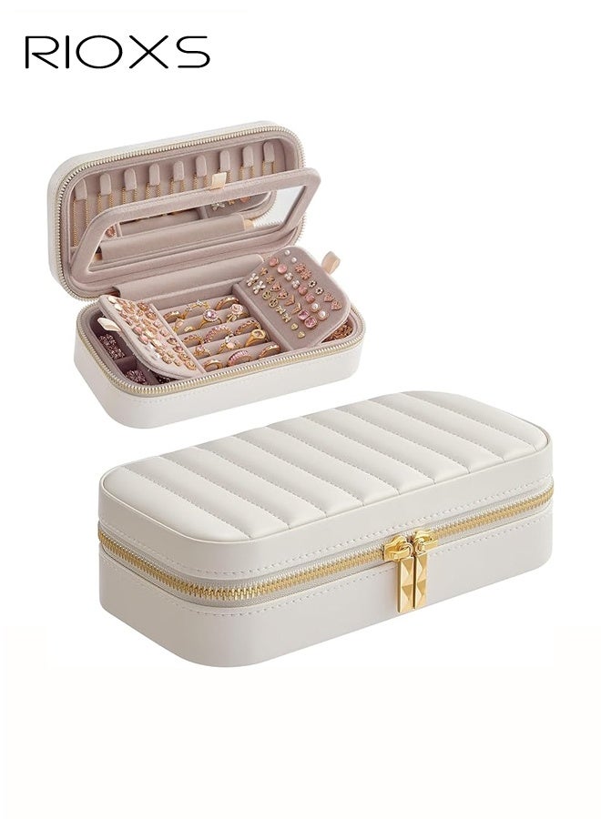 ريوكس حقيبة مجوهرات للسفر، منظم مجوهرات صغير خفيف الوزن ومحمول مع مرآة، 22*12*7.2 سم، صندوق مجوهرات صغير مقاوم للماء من جلد البولي يوريثان مع سحاب مزدوج للإغلاق، حقيبة منظم مجوهرات أنيقة للخواتم والأقراط والقلائد والأساور، أبيض - Image 1