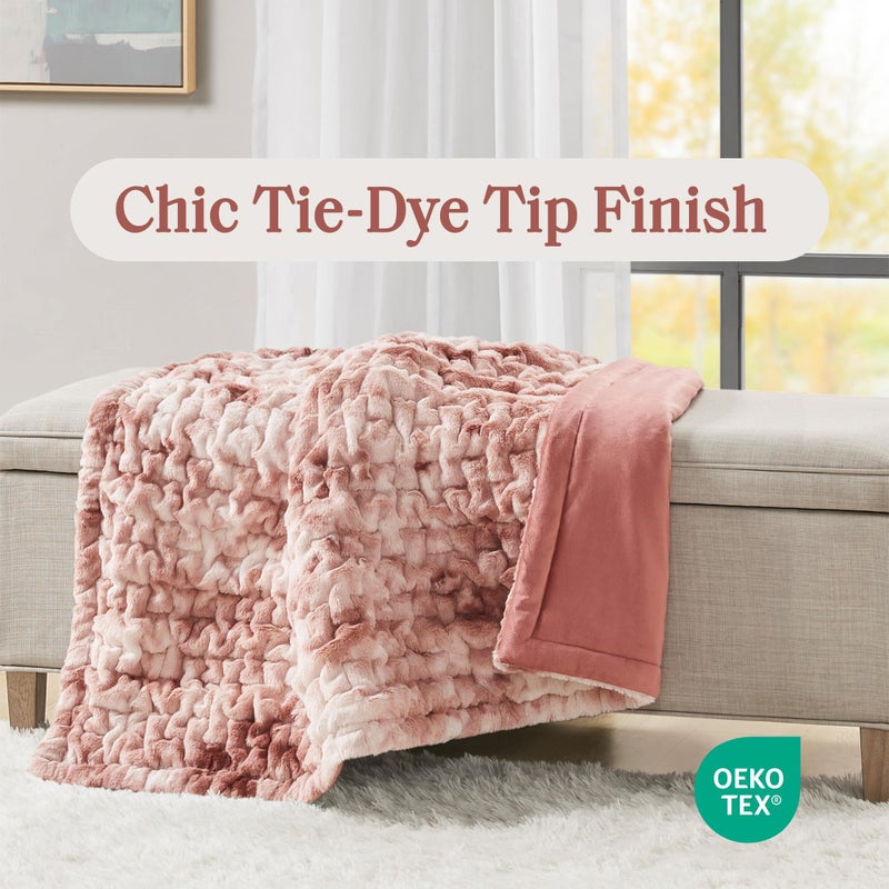 Madison Park Faux Fur Throw, Luxurious Ruched Texture, Fuzzy Warm, Plush Mink-Like Reverse, All Season, Lightweight & Cozy Blanket-Throw for Sofa, Couch, Living Room & Office 50" x 60" Pink Tie Dye - Image 2