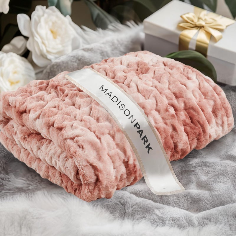 Madison Park Faux Fur Throw, Luxurious Ruched Texture, Fuzzy Warm, Plush Mink-Like Reverse, All Season, Lightweight & Cozy Blanket-Throw for Sofa, Couch, Living Room & Office 50" x 60" Pink Tie Dye - Image 5