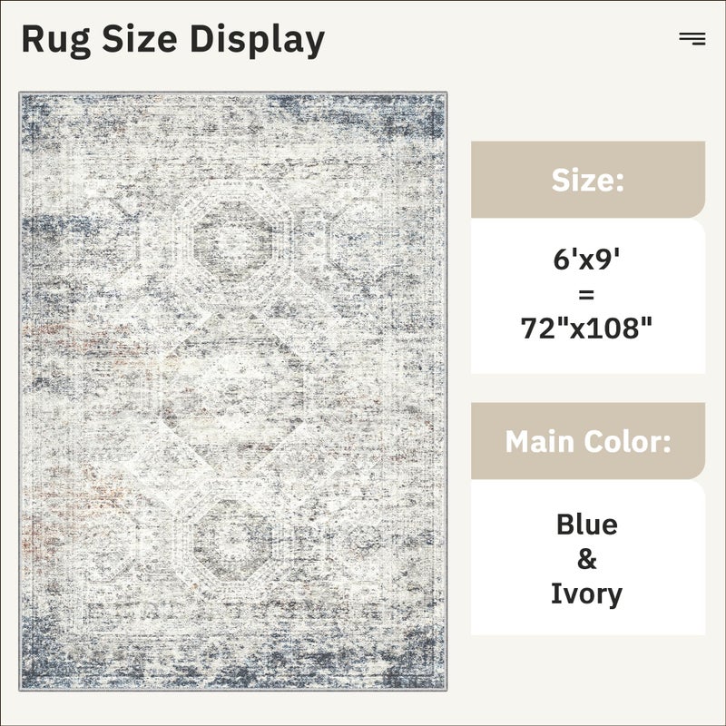 Soalmost 6x9 Area Rug for Living Room Washable 6x9 Non-Slip Modern Rugs for Bedroom Dinning Room Ultra-Thin Indoor Blue Ivory - Image 5
