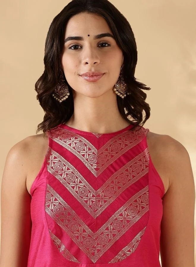 أبهشتي Banarasi zari Yoke high-low kurta with Fuschia pink pathani pants