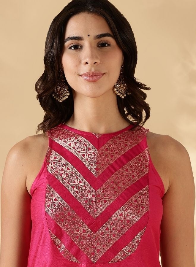 Abhishti Banarasi zari Yoke high-low kurta with Fuschia pink pathani pants - Image 2