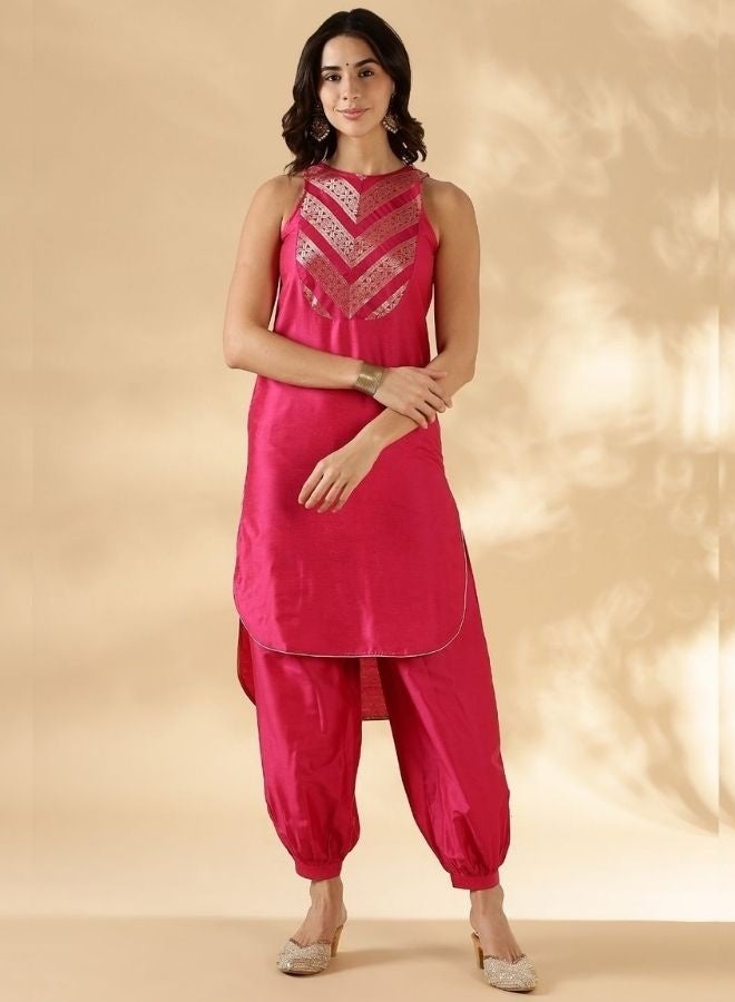Abhishti Banarasi zari Yoke high-low kurta with Fuschia pink pathani pants - Image 1
