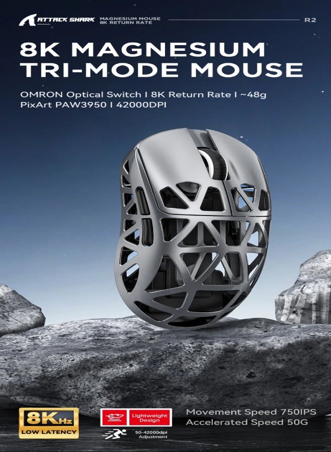 Attack Shark R2 Magnesium Alloy Wireless Mouse PAW3950 Lightweight Gaming Esports Bluetooth Three-Mode 8k Gaming Office Mouse (Gray) - Image 2